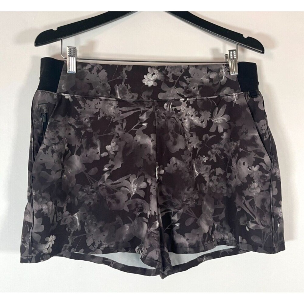 Athleta Brooklyn Floral Print Shorts Size 16 Black Gray Athletic Exercise SPF 50